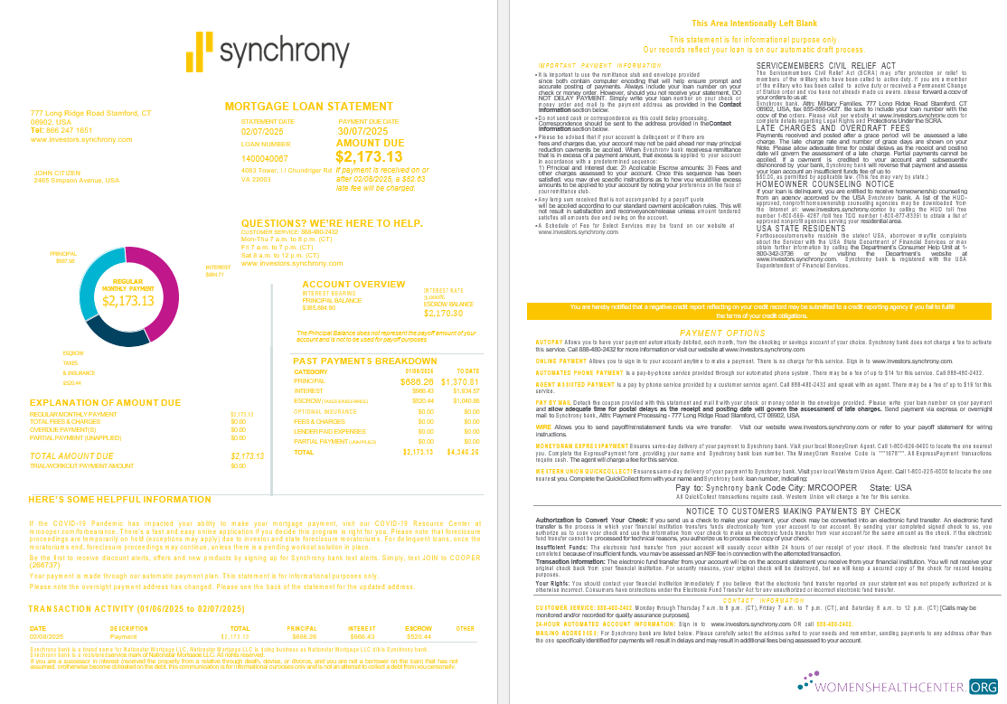 Download USA Synchrony Bank mortgage loan statement in Word and PDF formats , 4 pages 1 2 Photoshop template